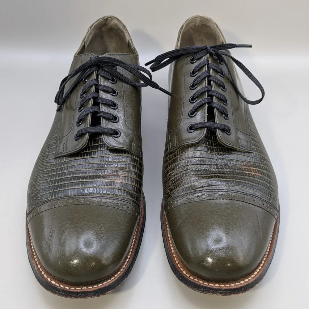 VTG Stacy Adams Madison Olive Green Leather Oxfords Faux Lizard Mens 9.5 D